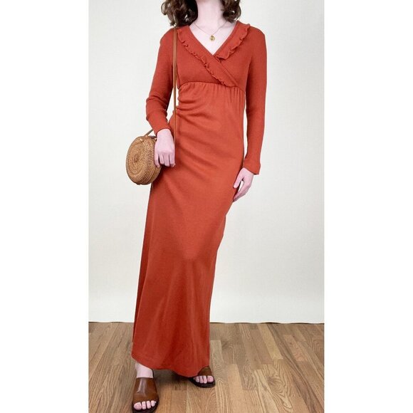 Vintage Dresses & Skirts - Vintage 1970s Knit Sweater Maxi Dress Ruffle Long Sleeve Boho Bohemian 70s 70's